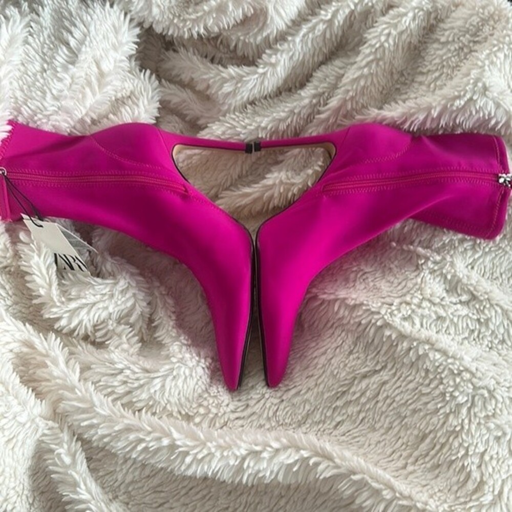 NWT ZARA Hot Pink Fuchsia Fabric Stiletto Ankle Boots Side Zip - Size 9